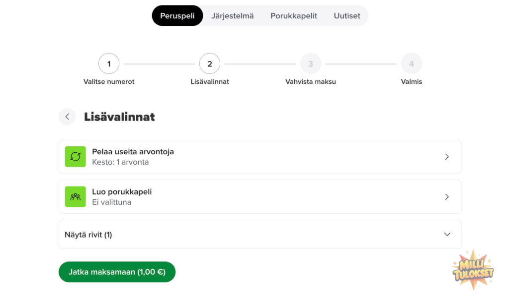 Milli-loton pelimuodon valinta: peruspeli, järjestelmä tai porukkapeli.