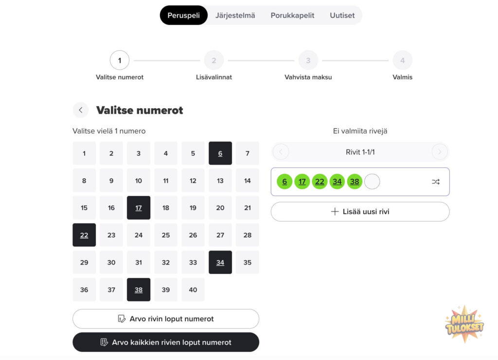 Veikkauksen Milli-lotto -kuponki, jossa on valittu pelaajan numerot arvontaa varten.