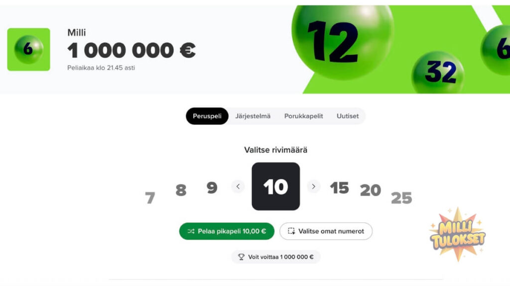 Veikkauksen Milli-lotto -pelin etusivu, jossa näkyy pelin logo ja pääpalkintotiedot.
