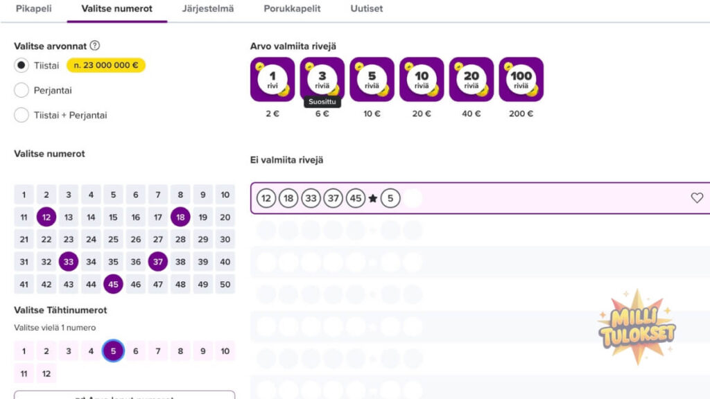 Veikkauksen Eurojackpot-kuponki numerovalinnalla, vertailussa Milli-lottoon.