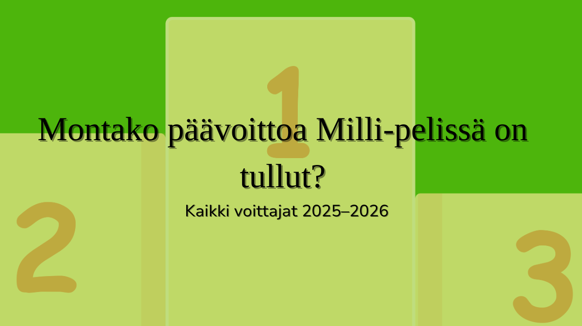 Taulukko Milli-pelin päävoitoista vuosilta 2025–2026 ja voittopäivämäärät